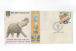 India 2021 Varanasi Soft Stone Jali Work GI Tag Parrot Elephant Cover  (**) Inde Indien - Storia Postale