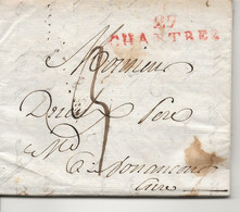 Delcampe - LAC 1812 Marque Postale Linéaire 27 CHARTRES Rouge Eure Et Loir Pour NONANCOURT EURE Taxe Décimes - 1801-1848: Precursors XIX