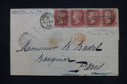 ROYAUME UNI - Victoria 1p En Bande De 4 Sur Lettre De Londres Pour Paris En 1866  - L 114363 - Storia Postale