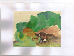 Peinture Aquarelle Sur Papier De Riz Paysan Paysage Campagne Vietnam Signée 1994 - Aquarelles