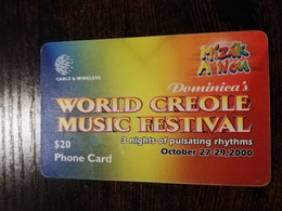 DOMINICA / $20 CHIPCARD  WORLD CREOLE MUSIC FESTIVAL 2000       Fine Used Card  ** 6865 ** - Dominique