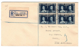 New Zealand 1937  Coronation Block 4 2.5p On Registered Cover, From Auckland To Perth - Covers & Documents