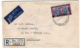 New Zealand 1945  Provisional Ten Pence On Registered Cover  From Auckland To Perth - Briefe U. Dokumente