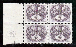 1946 Vaticano Vatican SEGNATASSE Righe Larghe Carta Grigia 20 Cent (14/I) In Quartina MNH** Firm.Biondi POSTAGE DUE Bl.4 - Segnatasse