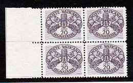 1946 Vaticano Vatican SEGNATASSE Righe Larghe Carta Grigia 20 Cent (14/I) In Quartina MNH** Firm.Biondi POSTAGE DUE Bl.4 - Postage Due