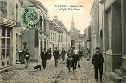 Mamers * La Grande Rue Et église Notre Dame * épicerie Mercerie * Villageois - Mamers