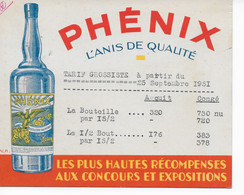 Carte Tarif Illustrée De 1951_ Anis PHENIX  Distillerie Au 5 Rue RIEGO à ALGER - Facturas
