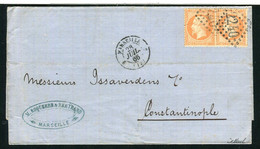 Rare Lettre En Double Port De Marseille Pour Constantinople ( Empire Ottoman 1866 ) Avec Une Paire De N° 23 - 1862 Napoleon III