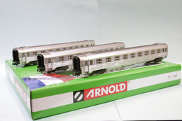 Arnold - Coffret 3 Voitures DEV INOX Le Bourbonnais A9 + A5 Bar SNCF ép. III Réf. HN4320 Neuf N 1/160 - Passagierwagen