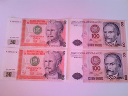 4 Geldscheine Peru: Banco Central De Reserva Del Peru. 2 X 50 Cincuenta Intis Und 2 X100 Cien Intis - Numismatik