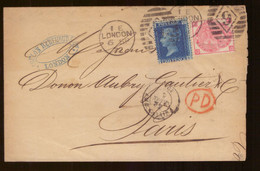 Grande Bretagne Lettre Cover Cachet 1872 London Londres Pour Paris Timbre 2p 3p N°27 Et 33 - Brieven En Documenten