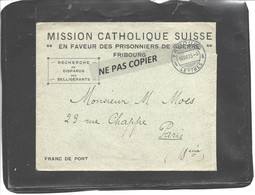 Enveloppe MISSION CATHOLIQUE SUISSE  Prisonniers De Guerre  Oblit  FRIBOURG 1915 - Guerre De 1914-18