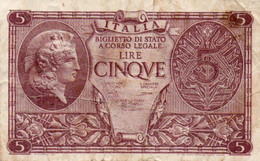 ITALIA 5 LIRE 1944 P-31c   Circ. ( 1944~1946 - Luogotenenza) -   Firme: Bolaffi / Cavallaro / Giovinco - Italia – 5 Lire