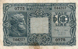 ITALIA 10 LIRE 1944 P-32c   1944~1946 - Luogotenenza  - Firme: Bolaffi / Cavallaro / Giovinco - Italië – 10 Lire