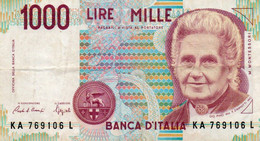 ITALIA  1000 LIRE - 1994 -MONTESSORI -  P-114a.1  Circ.  Firme: Carlo Azeglio Ciampi = Fortunato Speziali Titoli: Govern - 1000 Liras