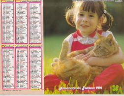 Almanach Du Facteur, Calendrier De La Poste, 1991 : Haute-Saône, Belfort: Fillette Et Chien, Fillette Et Chat... - Grand Format : 1991-00
