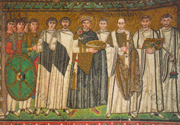 CARTOLINA  RAVENNA,EMILIA ROMAGNA,TEMPIO DI S.VITALE (VI Sec.),L"IMPERATORE GIUSTINIANO COL SEGUITO,NON VIAGGIATA - Ravenna