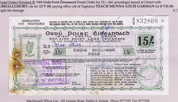 Ireland Wexford 1969 Postal Order For 15/- (poundage 4d) Paid In The National Bank Taghmon Branch, Issued At Oulart - Enteros Postales