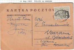 POLAND 1923 Postcard 11.08.23 Tylicz To Warsaw - Covers & Documents