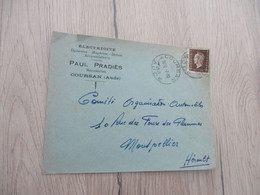 France TP 694 Seul Sur Lettre Cachet Oroplan Coursan Aude Pub Pradiès électricité - 1921-1960: Moderne