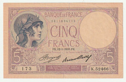 France - Billet 5 Francs Violet Du 12-1-1933   N°  K.52466  173 - 5 F 1917-1940 ''Violet''