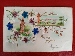 CPA  GAUFREE - PÂQUES JOYEUX - Lapin Avec Fleurs Bleues En Tissus - Easter