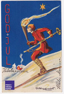 God Jul / Joyeux Noël Suède Petite CPA 1930s Femme Ski Sports D'hiver Art Deco Flambeau Jeux Olympiques Christmas A50-57 - Sport Invernali