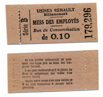 1914-1918 // BOULOGNE-BILLANCOURT (92) // USINES RENAULT // MESS DES EMPLOYES // Bon De Dix Centimes - Bons & Nécessité