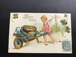 466 - Bonne Année - Ange & Brouette De Pieces D’or  - Carte Gauffrée - 1906 Timbrée - Angels