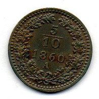 AUSTRIA, 5/10 Kreuzer, Copper, Year 1860-A, KM #2182 - Autriche