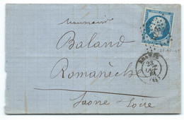 N° 14 BLEU NAPOLEON SUR LETTRE / ROANNE POUR ROMANECHE / 23 OCT 1861 - 1849-1876: Periodo Classico
