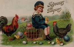 Belle Illustrée De Pâques Gaufrée  . Petit Garçon Victorien Avec Des Poules, Un Coq Et Des Oeufs - Pascua