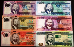 Mozambique Complite Set Of Meticais, 20, 50, 100, 200, 500 And 1000 UNC - Mozambique