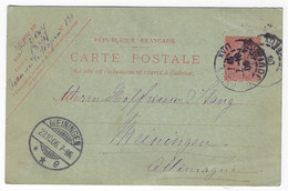 PARIS XVII Carte Postale Entier 10c Semeuse Mill 619 Dest Meinigen Allemagne Ob 22 10 1906 Yv 129-CP1 Storch A1 - Standaardpostkaarten En TSC (Voor 1995)