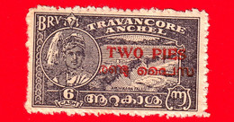 INDIA - TRAVANCORE ANCHEL - Usato - 1949 - Cascate Aruvikara - Sovrastampato  'TWO PIES'  Su 6 - Travancore-Cochin