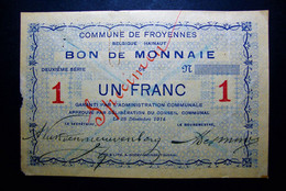 Tournai. Froyennes. Billet De Monnaie De Nécessité . 1 Franc 2ème Série 28 Décembre 1914. - 1-2 Franchi