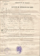 Certificat De Réception Au Doctorat, Faculté De Médecine ,Paris, 1894 , Frais Fr 2.25 E - Unclassified