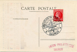 FRANCE CARTE POSTALE 2eme EXPOSITION PHILATELIQUE 19-20-21 MAI 1945 CONSACREE A LA LIBERATION SAUMUR...AVEC AU DOS OBL.. - 1945-47 Cérès De Mazelin