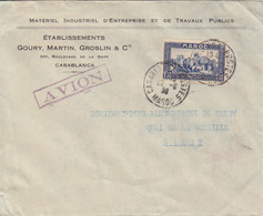 Lettre à Entête (Ets Goury ...) Par Avion Obl. Casablanca Maroc Le 27/6/36 Sur N° 144 Pour Nancy + Tampon Avion - Briefe U. Dokumente