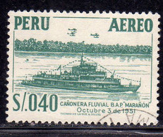 PERU' 1953 1960 AIR MAIL  RIVER GUNBOAT MARANON SOL 0,40s USATO USED OBLITERE' - Pérou