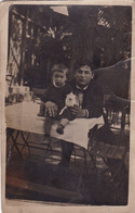 Very Old Real Original Photo Postcard -  Man Little Boy Cat - Anonymous Persons
