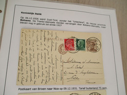 Collection Spécialisée Autriche Italie 1926 Entier Brixen Bolzano Vers Nice - Storia Postale
