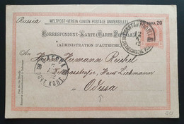 Österreich Levante 1892, Postkarte 20 Para CONSTANTINOPEL Gelaufen ODESSA - Cartas