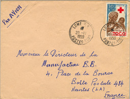 1959 TOGO , SOBRE CIRCULADO , LOME - NANTES , CRUZ ROJA , CROIX ROUGE   , CORREO AÉREO - Cartas & Documentos