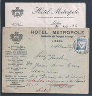 Letter Hotel Metrópole, Lisbon Forwarded To Serpa 1934. Brief Hotel Metrópole,Lisboa. Alentejo. Hotel Metrópole. Rare - Settore Alberghiero & Ristorazione