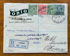 GRAN BRETAGNA -ENVELOPE  ADVERTISING ORIO TRACING LINEN-REGISRED FROM  LIVERPOOL 11 MY 16  TO GENOVA 1/2+4+1 P - Covers & Documents