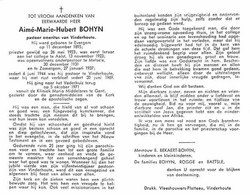 Doodsprentje Bohyn Aimé Marie Hubert   	11-12-1895 Evergem	05-10-1971 Gent	Priester, Pastoor Vinderhoute - Overlijden