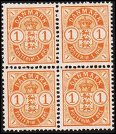 1902. DANMARK. Coat-of Arms. 1 Øre Orange 4-BLOCK Never Hinged. Beautifully Centering.  (Michel 37) - JF515649 - Nuovi