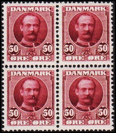 1907. King Frederik VIII. 50 Øre Red-lilac KJØBENHAVN 16.4.09. LUXUS. 4-block Never Hinged. Ra... (Michel 58) - JF515654 - Unused Stamps