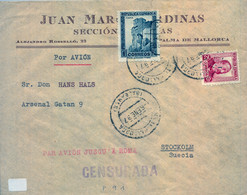 1937 , BALEARES , PALMA DE MALLORCA - ESTOCOLMO , CORREO AÉREO VIA ALA LITTORIA , CENSURA Y MARCA DE ENCAMINAMIENTO - Covers & Documents